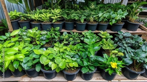 Fototapeta Small green plants in black pots displayed in a tropical garden showcasing a variety of species native to Southeast Asia.