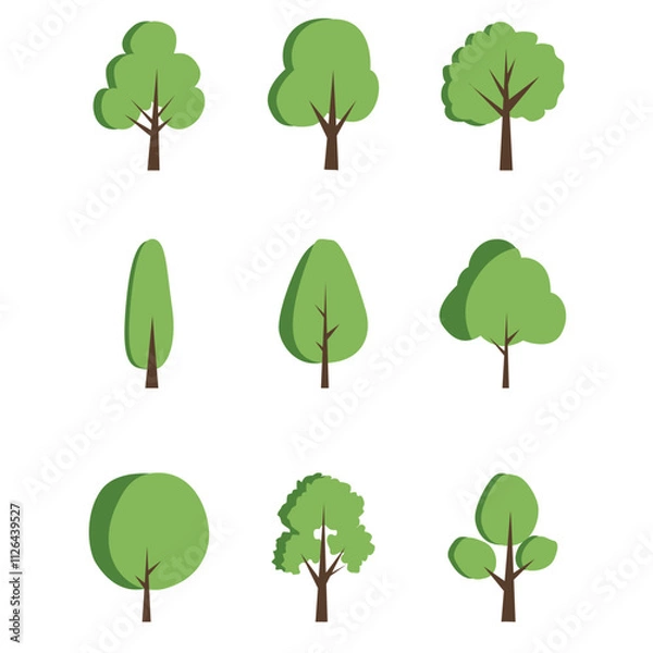 Obraz Set of flat stylized trees. Natural vector illustration. Side view. Vector illustration.