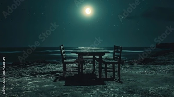 Fototapeta Serene wooden table and chairs by the ocean under a luminous moonlight sky at night