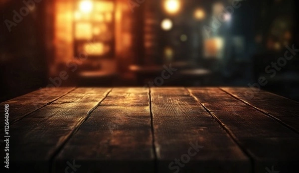 Fototapeta Wooden kitchen table with a bokeh background featuring an empty wood tabletop ideal for food display and advertising mockups with a blurred cafe ambiance creating a perfect presentation space