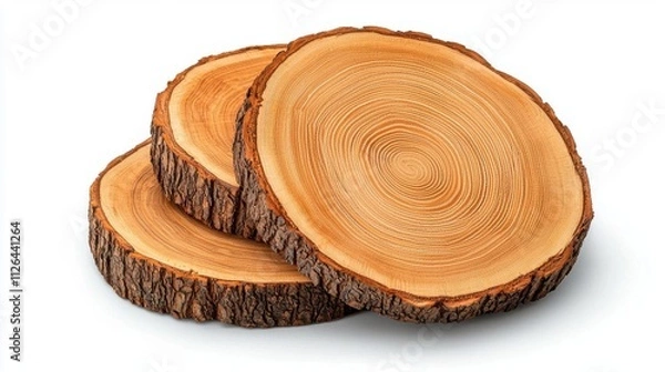 Obraz A photostock of perfectly cut tree rings with detailed wood grain on a white background, ideal for carpentry or natural resource themes. High Quality