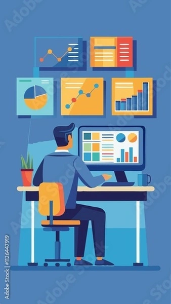 Fototapeta A man is sitting at a desk with a computer monitor and a cup of coffee