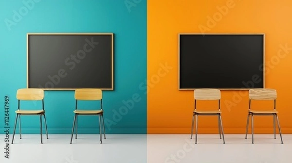 Fototapeta Two blackboards are on the wall, with two wooden chairs in front of them