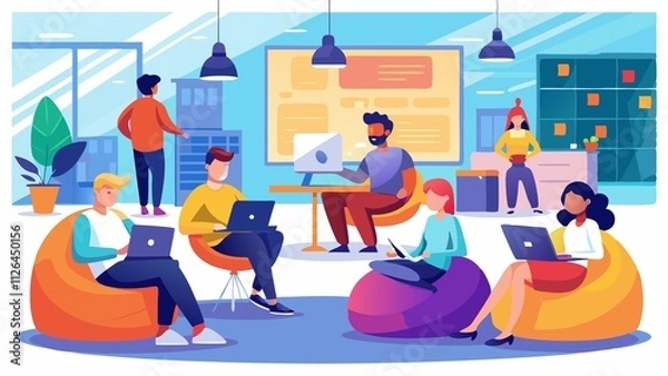 Fototapeta A group of people are sitting in chairs and working on their laptops