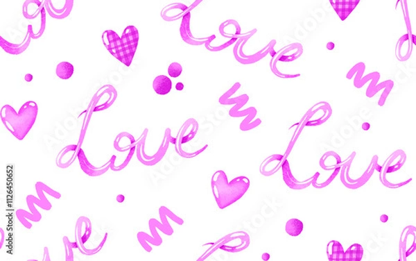 Obraz Seamless pattern with handwritten love word. Valentines day background for lovers, telationship, sweethearts. Love day