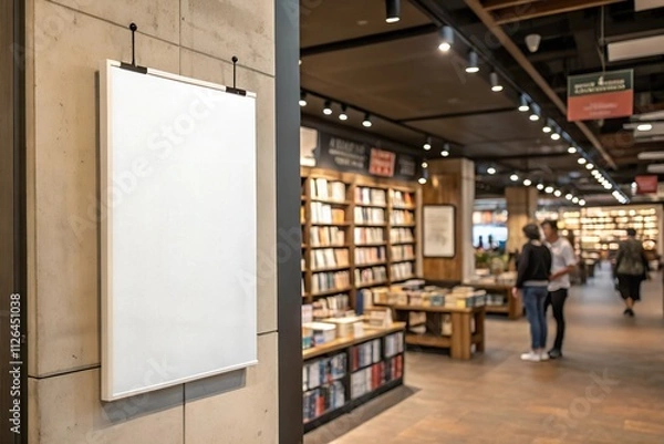 Obraz A white A2-size blank mockup poster hanging in a modern bookstore with a concrete wall and bookshelves in the background. Perfect for advertising or branding projects.