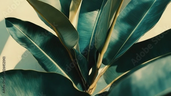 Fototapeta Natural rubber plant leaves with intricate structures and vibrant green colors, focusing on healthy foliage and outlined veins, agriculture, botany, plant cultivation, nature.