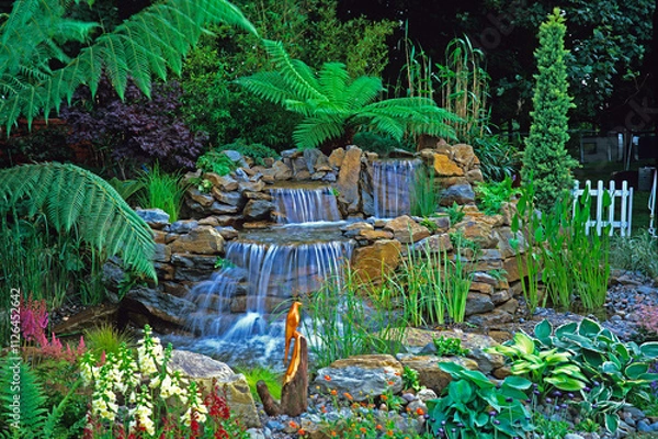 Fototapeta Garden waterfalls with tree  ferns