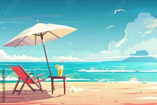 Fototapeta A chair and an umbrella provide shade on the sandy beach, with the azure sky reflecting in the crystal clear water of the oceanic coastal landforms