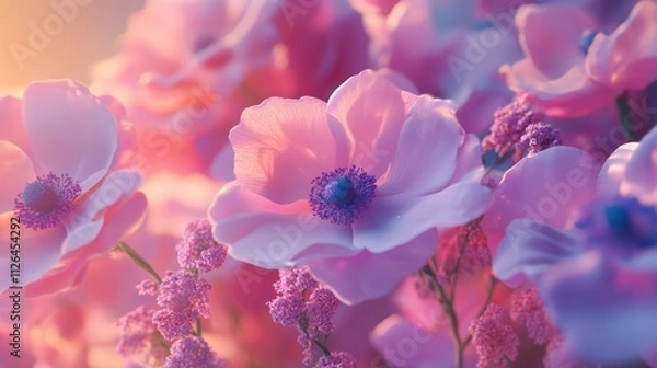 Fototapeta Delicate pink and purple flowers blooming in soft sunlight creating a dreamy floral background.