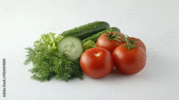 Fototapeta Fresh organic vegetables including ripe tomatoes, cucumber, dill, and lettuce on a white background for healthy vegetarian cuisine design.