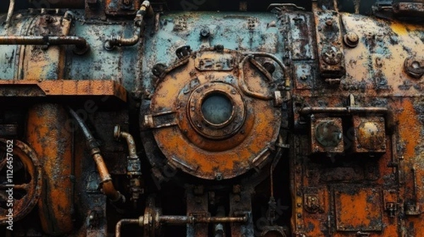 Fototapeta Rusty detail of vintage locomotive engine showcasing weathered metal textures and industrial design elements in a historical context.
