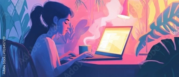 Fototapeta cozy workspace with warm lighting and a laptop