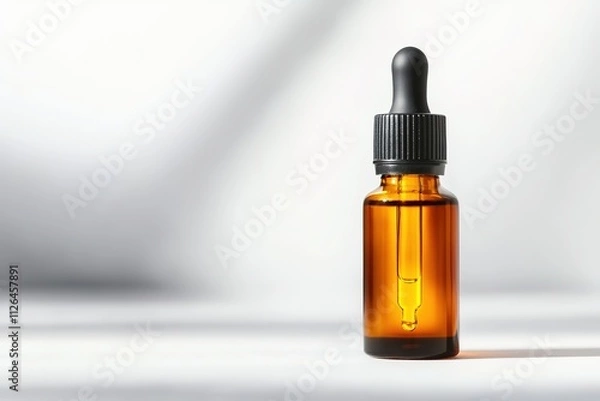 Fototapeta Amber dropper bottle on light background with shadows