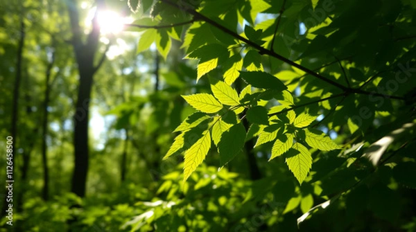 Fototapeta Gentle Forest Scene with Vibrant Green Leaves and Soft Light