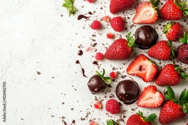 Fototapeta Fresh strawberries and raspberries drizzled with chocolate create a delightful dessert indulgence