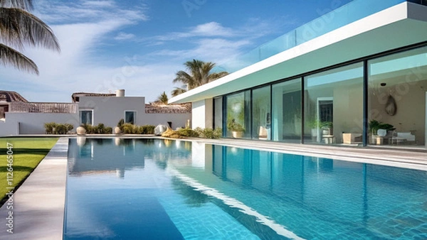 Obraz luxury Villa open design exterior view with blue glass swimming pool lawn house