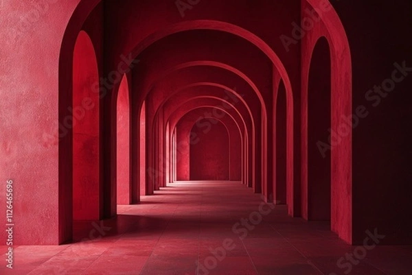 Fototapeta An arched corridor in red, minimalistic, dark background