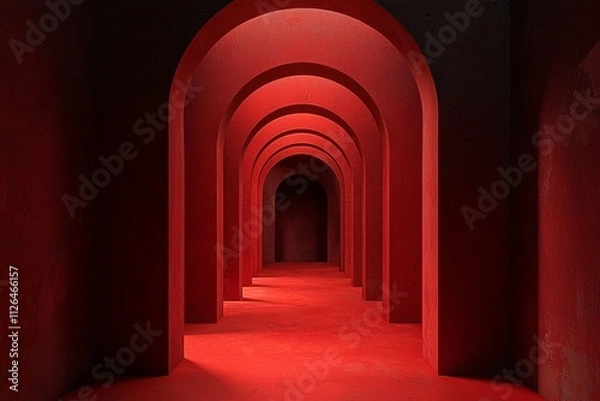 Fototapeta An arched corridor in red, minimalistic, dark background