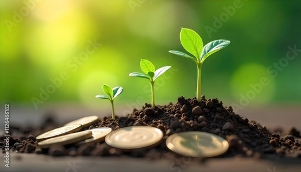 Fototapeta young plant and coins