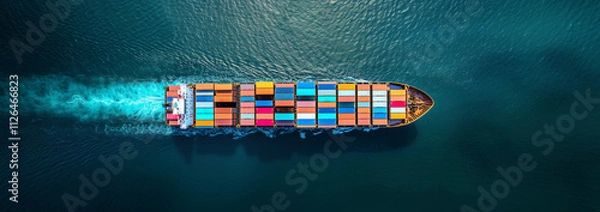 Fototapeta A top-down perspective of a container ship loaded with colorful cargo, creating a wake as it moves through deep blue waters, symbolizing global trade and logistics