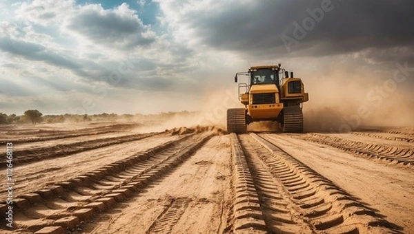 Fototapeta Heavy machinery moving across dusty terrain, leaving tire tracks, under cloudy sky with sunlight breaking through, highlighting construction site atmosphere.