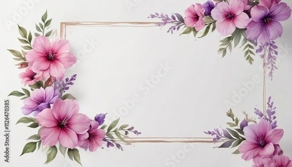 Fototapeta Watercolor border frame with pink purple flowers on white background, decoration, floral, isolated, frame, pink