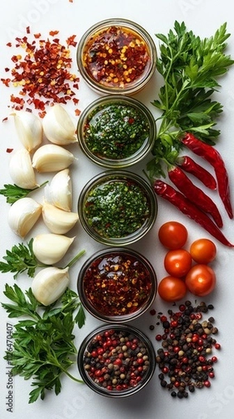 Fototapeta Colorful chimichurri sauce clear jar showcases fresh parsley garlic cloves red chili flakes and red wine vinegar clean white backdrop ideal culinary creations.