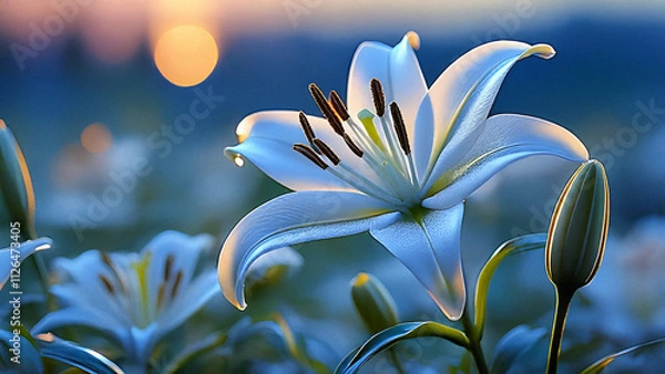 Obraz beautiful white lily flower in the pool, sunset background, 8k resolution