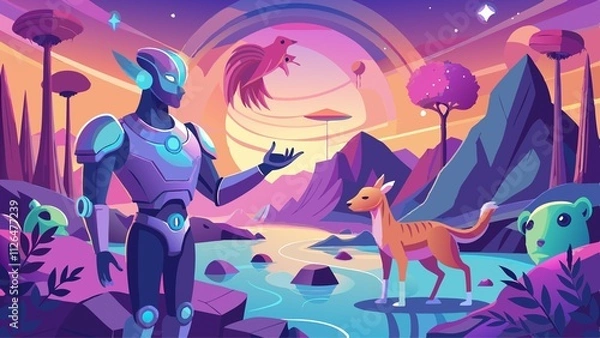 Fototapeta A man in a robot suit is standing next to a dog in a lush green forest