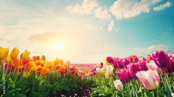 Fototapeta Tulips field under the sun