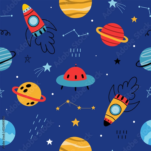 Fototapeta Seamless pattern with cute planets, stars, ufo, earth, constellations, rockets, space, saturn on dark blue background. Creative kids texture for fabric, prints, wallpaper, decorations, textiles.