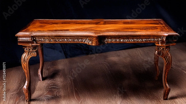 Fototapeta Expensive antique furniture. The table is coated with epoxy resin and varnished. Luxurious quality woodworking. Wooden table on a dark background. On a rectangular wooden plate