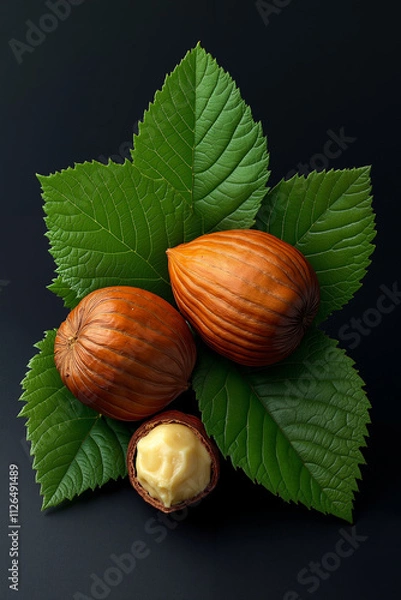 Obraz A couple of nuts sitting on top of a green leaf