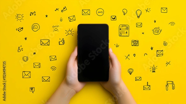 Obraz Hands holding smartphone displaying blank screen, surrounded by hand-drawn communication icons on yellow background.  Perfect for technology, social media, or communication concepts.