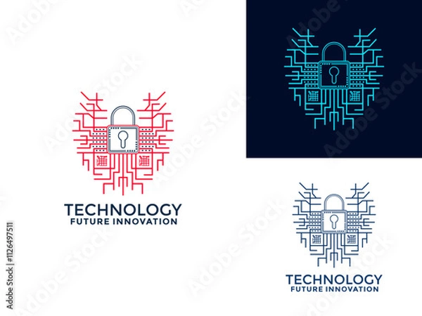 Fototapeta Circuit Love Shape Protection with Padlock symbol logo design vector. Cyber security logo icon symbol vector template