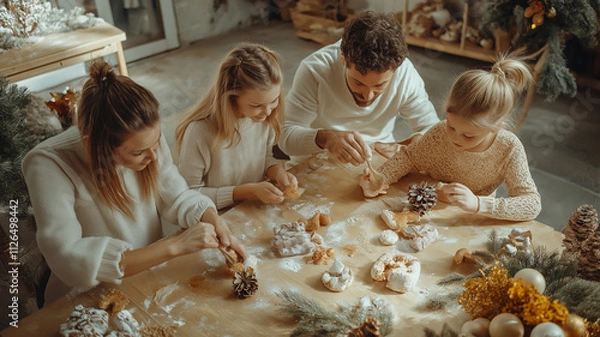 Fototapeta A family of four is gathered around a table, making gingerbread cookies