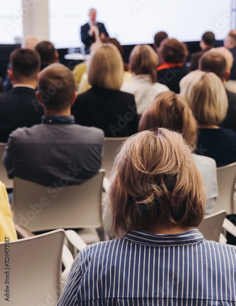 Fototapeta Female audience at the symposyum meeting, participants attendees in conference room hall listens to lecturer, group of women on a congress together listen to speaker on a stage at master-class