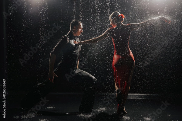 Obraz A couple of dancers on a black background in a studio in the aqua zone