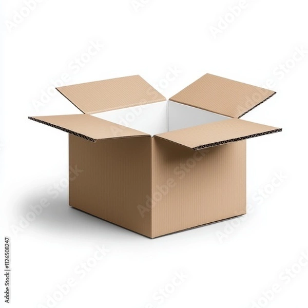 Fototapeta Open cardboard box with flaps raised, isolated on a white background for packaging use