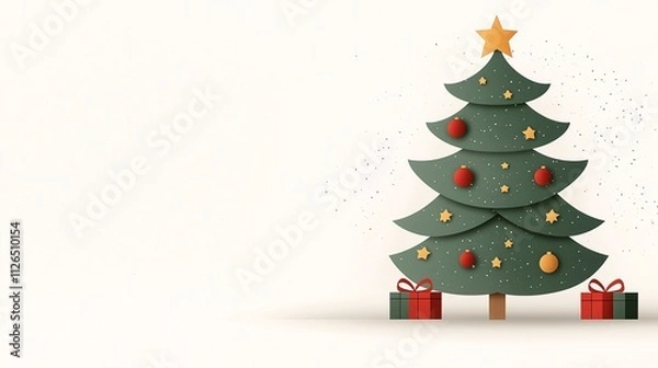 Obraz A Charming Christmas Tree Decorated with Stars and Ornaments, Surrounded by Colorful Gift Boxes, Perfect for Holiday Season Celebrations and Festive Atmosphere