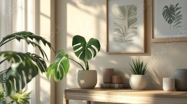 Obraz Interior styling vignette, lush green monstera plant, natural wood horizontal surface, minimal frame presentation, ceramic sculptural elements, soft neutral palette, scandinavian home design
