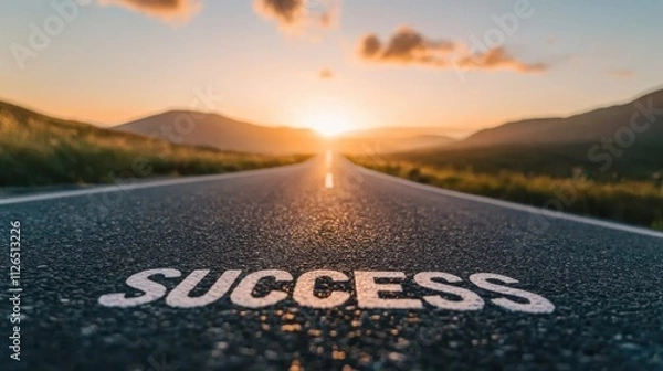 Fototapeta Road signifying success stretches into sunset with mountains in the background