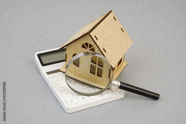 Fototapeta Wooden house under magnifying glass on calculator on gray background. Real estate and house price concept.