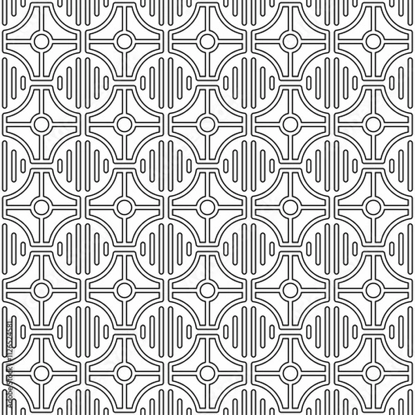 Fototapeta Seamless abstract geometric pattern, consisting of circular shapes and straight lines with a regular and symmetrical structure. Suitable for various creative projects or decorative elements.