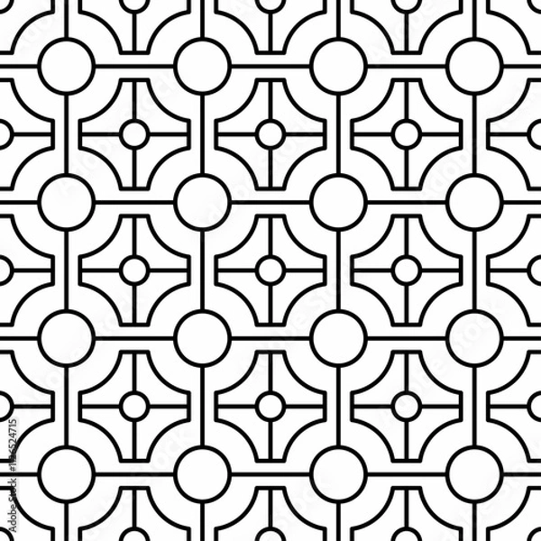 Fototapeta Seamless black and white geometric pattern, consisting of interconnected circular shapes and straight lines, with a regular and symmetrical structure. Suitable for various creative projects.
