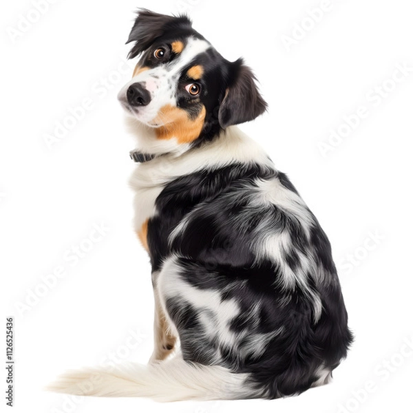 Fototapeta Adorable Border Collie mix sitting, tilting its head, and gazing with curiosity. This charming canine's unique markings, speckled coat, PNG image, Cutout, Isolated on white background
