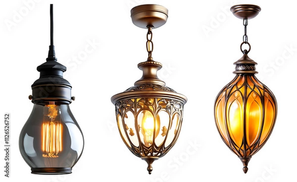 Fototapeta Elegant collection of three hanging lamps, each with unique ornate designs and vintage appeal, showcasing interior decor and lighting fixtures, PNG image, Cutout, Isolated on white background