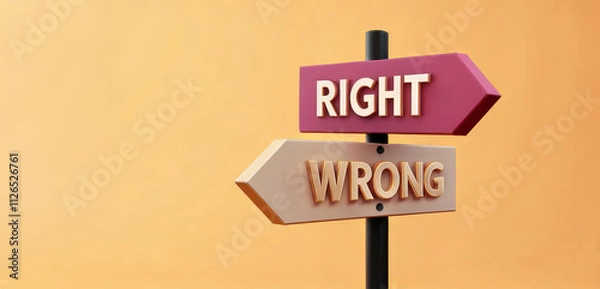 Fototapeta A signpost with arrows pointing to "RIGHT" and "WRONG" against a warm background, symbolizing moral choices and decision-making.