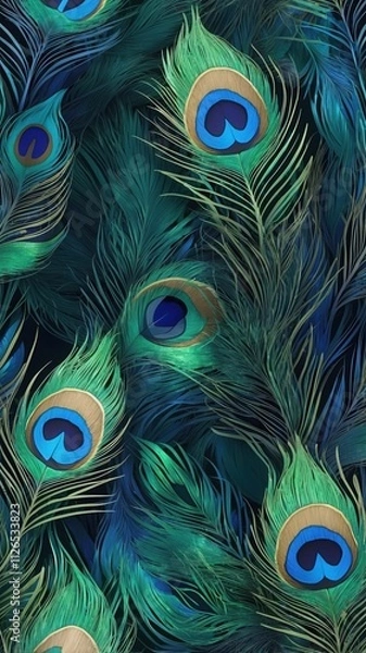 Fototapeta Vibrant peacock feather pattern displaying rich turquoise and emerald hues, perfect for backgrounds, textiles, or decorative projects.